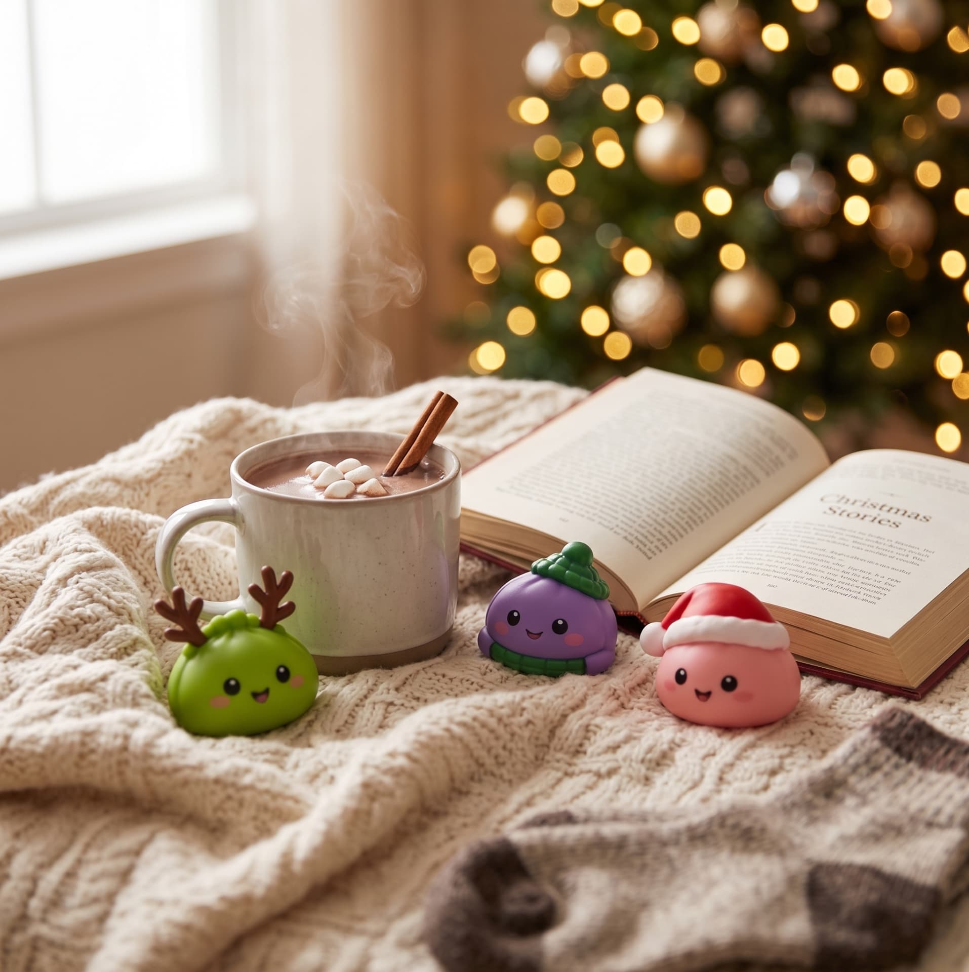 Three dumpling squishies beside hot chocolate and a Christmas story