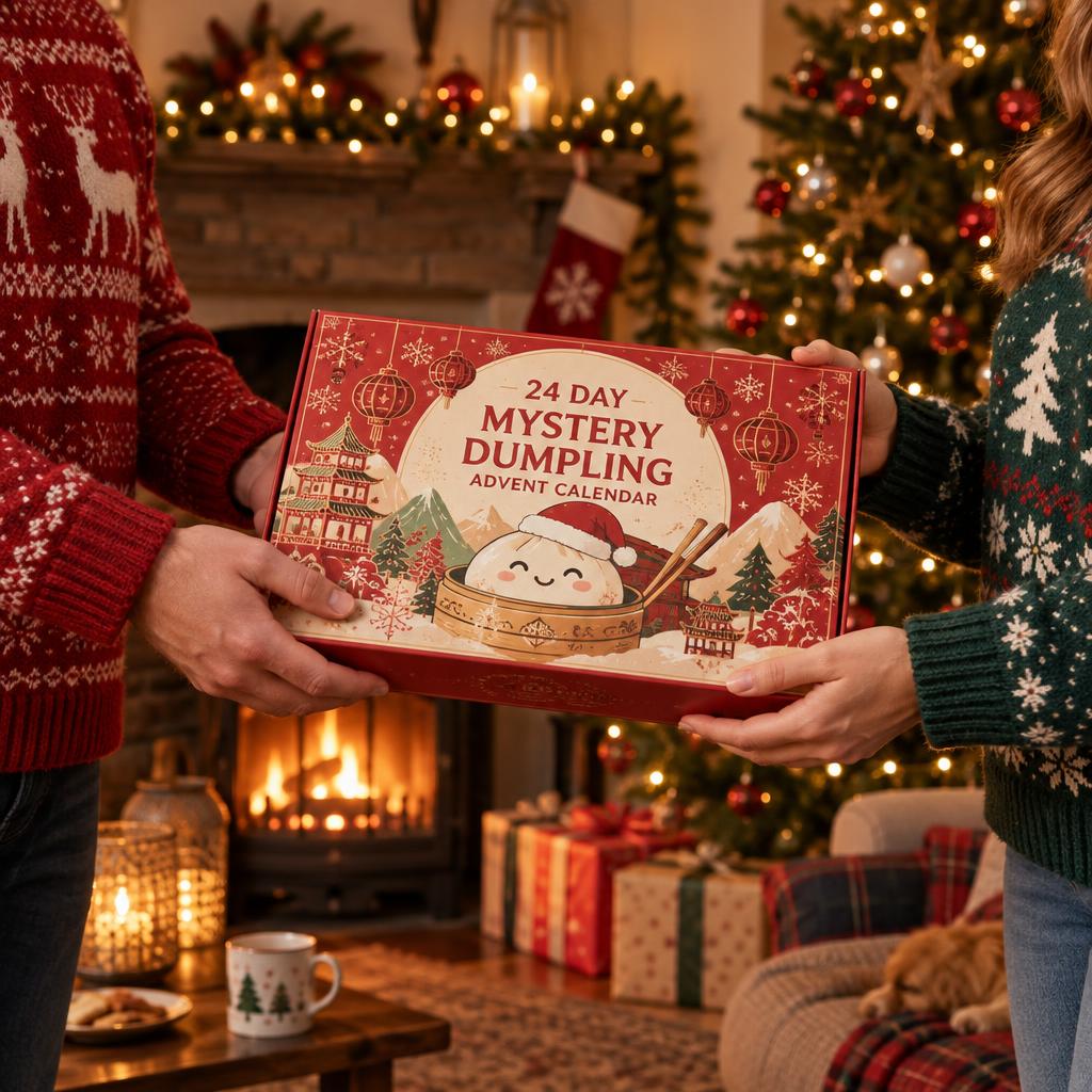 Two people exchanging the advent calendar beside a Christmas fireplace